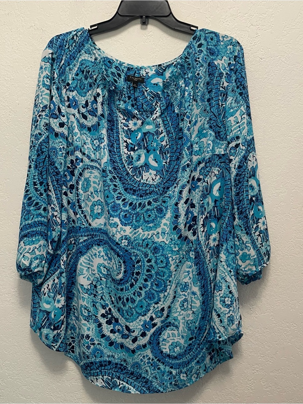 Talbots Blouse Size 2X Smock V Neck Blue Paisley Print 3/4 Sleeve Resort